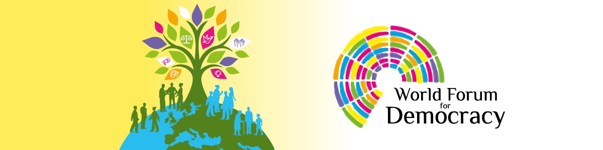 Bandeau de présentation intégrant le logo du Forum mondial de la Démocratie