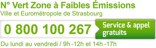 Numéro vert de la zone à faibles émissions de la Ville et de l'Eurométropole de Strasbourg. Service et appel gratuits. Du lundi au vendredi de 9h à 12h et de 14h à 17h. Appelez le 0 800 100 267.